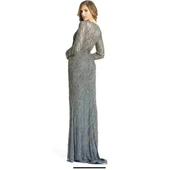 New Mac Duggal 5240 Beaded Illusion Neck Long Sleeve Maxi Gown - Size 10- Platin - Picture 7 of 12